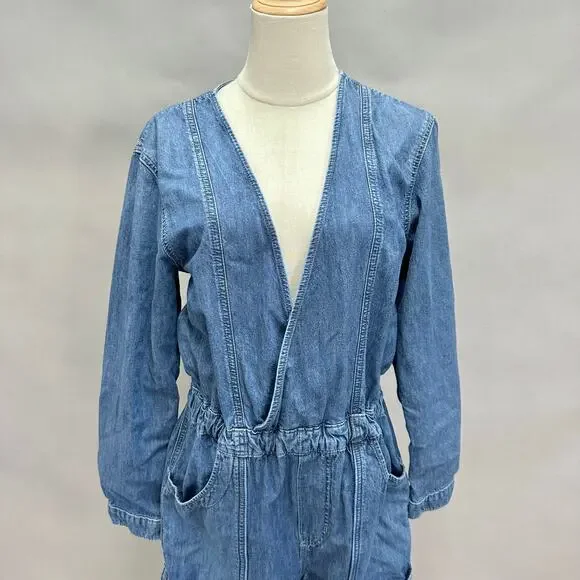 Free‎ People Archie Denim Jumpsuit Coveralls Utility Size Medium Barrel Leg